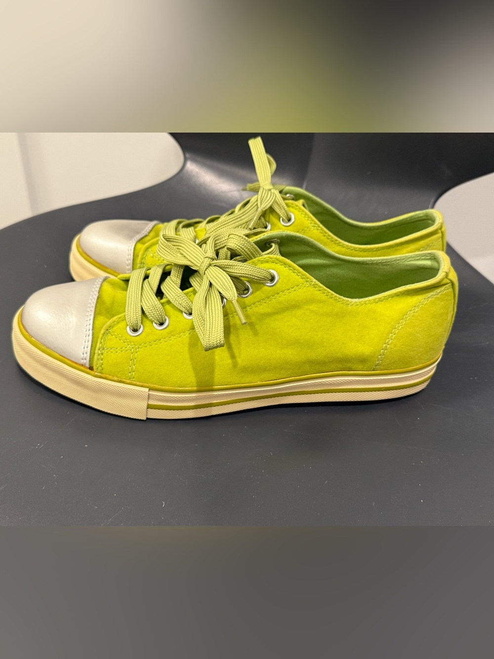 twiggy LONDON Lime Green Suede Sneakers with Silver Toe